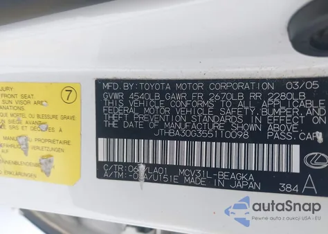 2005 Lexus Es 330 from USA, damaged, VIN JTHBA30G355110098